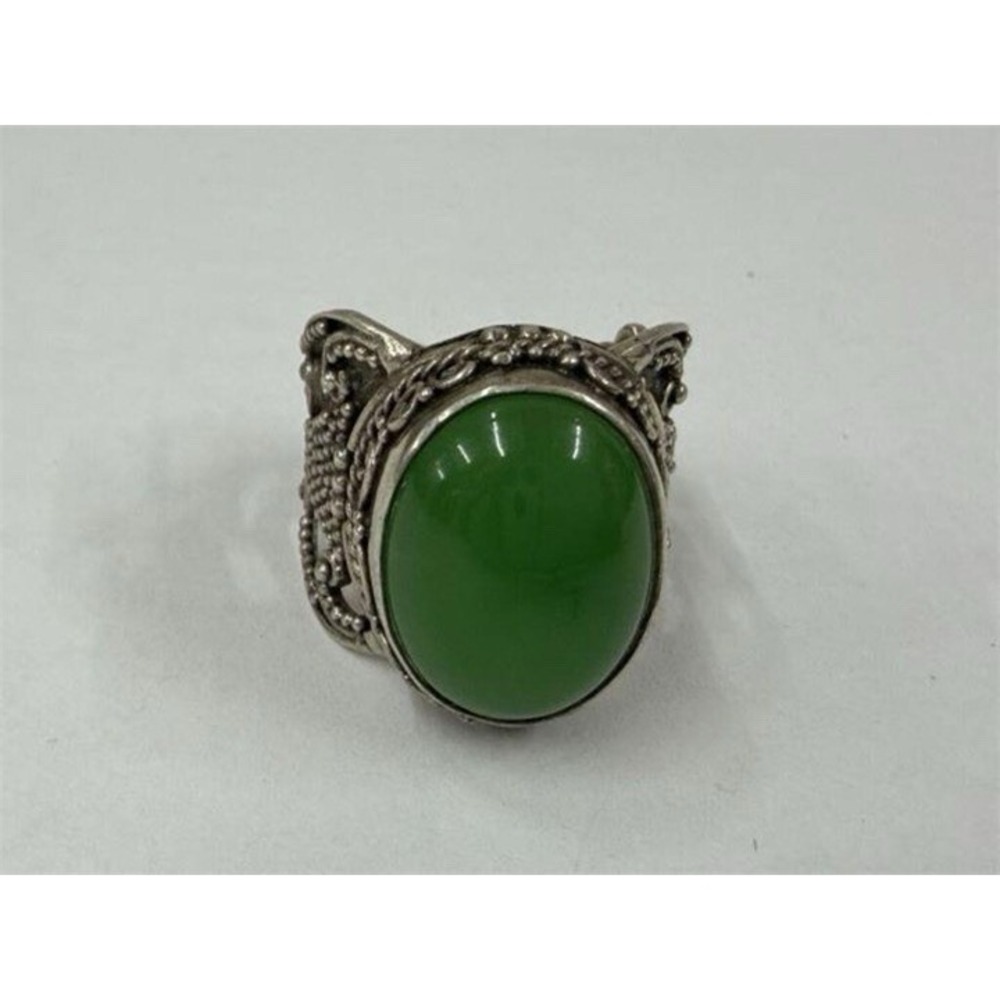 Vintage Sterling Silver Green Cabochon Filigree Statement Ring Size 12